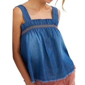 Pilcro Denim Ruffle Smocked Top Chambray Blue Tank Sleeveless Boho Size‎ Small